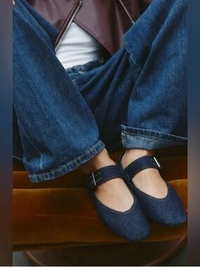 Zara Denim Mary Jane Flats - Dark Blue